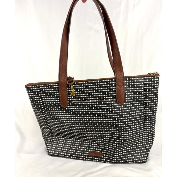 Fossil Rachel Leather Black Striped Tote Purse Classic Brown Black - Picture 2 of 16